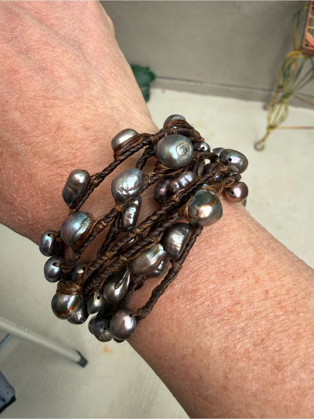 Baroque Freshwater Pearl Multi-Wrap Bracelet | Gray Peacock | Boho Cord